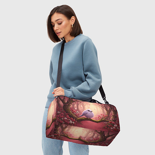 Спортивная сумка Сиреневая птица в розовом цветущем лесу / 3D-принт – фото 4