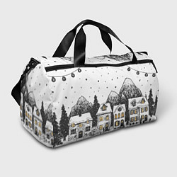 Сумки спортивные Черно-белый новогодний город, цвет: 3D-принт