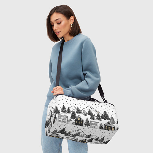 Спортивная сумка Заснеженный черно-белый город / 3D-принт – фото 4
