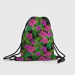 Мешок для обуви Тропические листья и цветы на черном фоне
