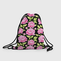 Рюкзак-мешок Розовые пионы на черном, цвет: 3D-принт