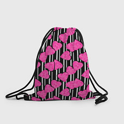 Рюкзак-мешок Малиновые мраморные сердца на полосатом черно фоне, цвет: 3D-принт