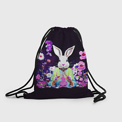 Рюкзак-мешок Кролик в цветах на черном фоне, цвет: 3D-принт