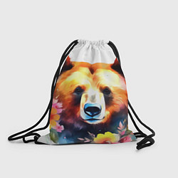 Рюкзак-мешок Морда медведя гризли с цветами акварелью, цвет: 3D-принт