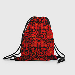 Рюкзак-мешок Хохломская роспись красные цветы и ягоды на чёрном, цвет: 3D-принт