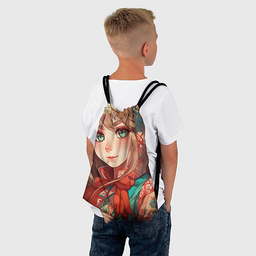 Мешок для обуви Русская девушка в аниме стиле в платке и с плюшево / 3D-принт – фото 4