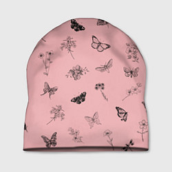 Шапка Цветочки и бабочки на розовом фоне, цвет: 3D-принт