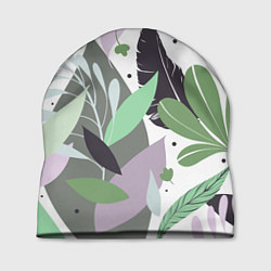 Шапка Зелёные, серые, голубые, сиреневые листья на белом, цвет: 3D-принт