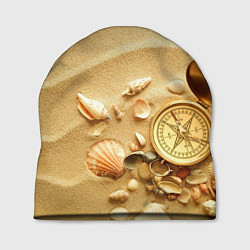 Шапка Композиция из ракушек и компаса на песке, цвет: 3D-принт