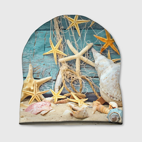 Шапка Натюрморт из сети, морских звёзд и ракушек - лето / 3D-принт – фото 1