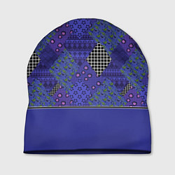 Шапка Combined burgundy-blue pattern with patchwork, цвет: 3D-принт