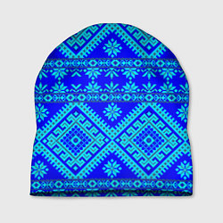 Шапка Сине-голубые узоры - вышивка, цвет: 3D-принт