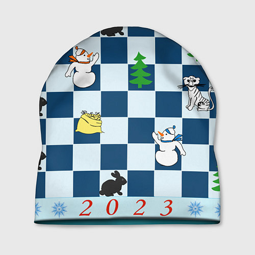 Шапка Новогодняя шахматная доска со снеговиком и кролика / 3D-принт – фото 1
