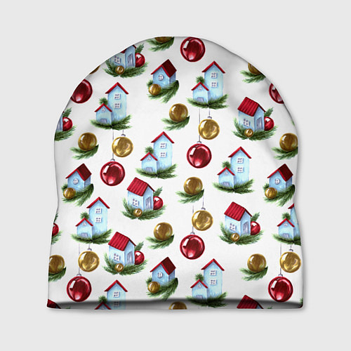 Шапка Новогодние домики на белом - паттерн / 3D-принт – фото 1