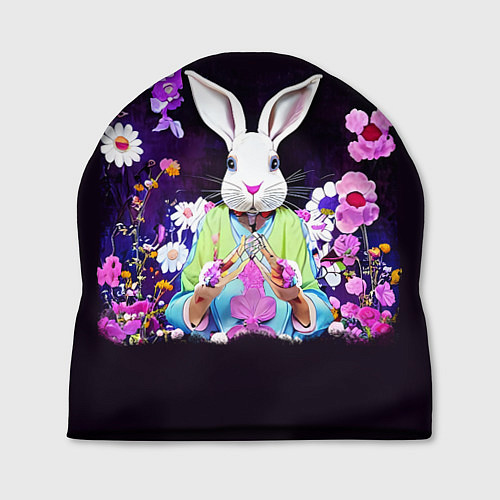 Шапка Кролик в цветах на черном фоне / 3D-принт – фото 1