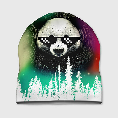 Шапка Панда в очках на фоне северного сияния и леса / 3D-принт – фото 1