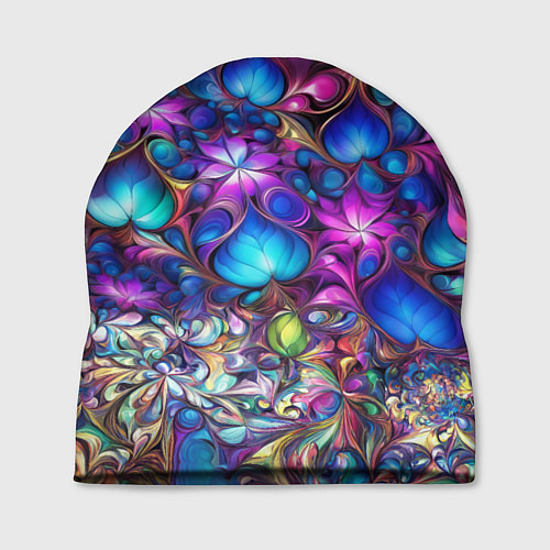 Шапка Абстракция синие листья и фиолетовый цветы / 3D-принт – фото 1