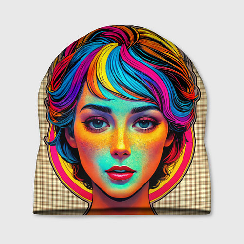 Шапка Девушка с разноцветными волосами на клетчатом фоне / 3D-принт – фото 1