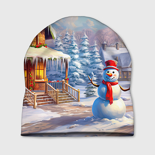 Шапка Новогодняя деревня и снеговик / 3D-принт – фото 1