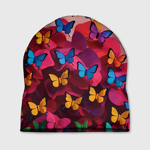 Шапка Разноцветные бабочки - розовые цветы / 3D-принт – фото 1