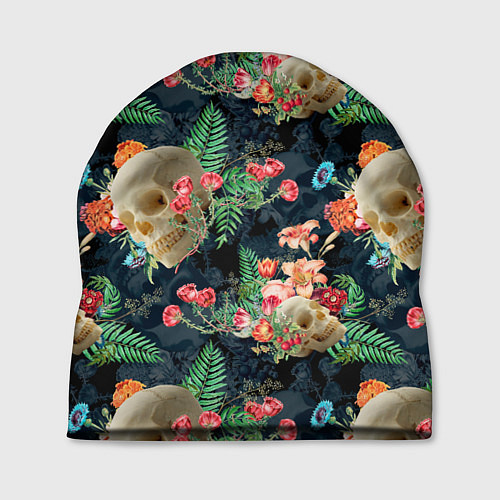 Шапка Узор из черепов с цветами и листьями / 3D-принт – фото 1