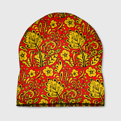 Шапка Хохломская роспись золотистые цветы на красном фон, цвет: 3D-принт