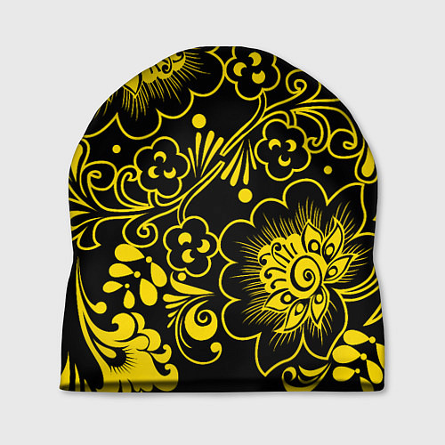 Шапка Хохломская роспись золотые цветы на чёроном фоне / 3D-принт – фото 1