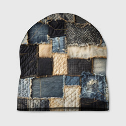 Шапка Заплатки пэчворк на джинсе, цвет: 3D-принт