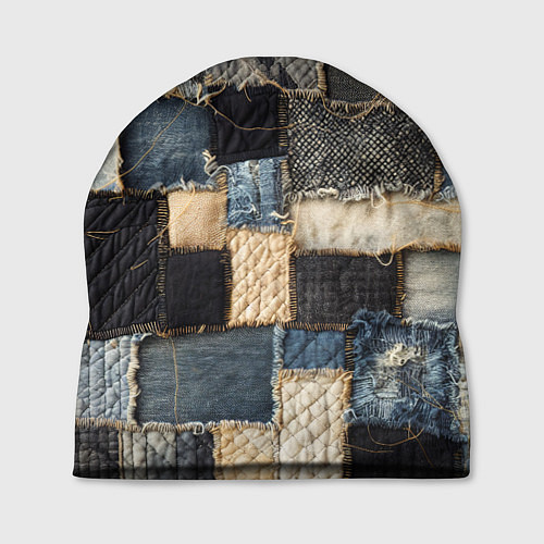 Шапка Заплатки пэчворк на джинсе / 3D-принт – фото 1