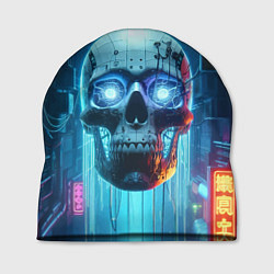 Шапка Cyber skull - neon glow ai art