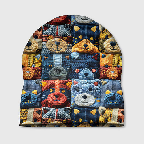 Шапка Вязанные еноты на пэчворк / 3D-принт – фото 1