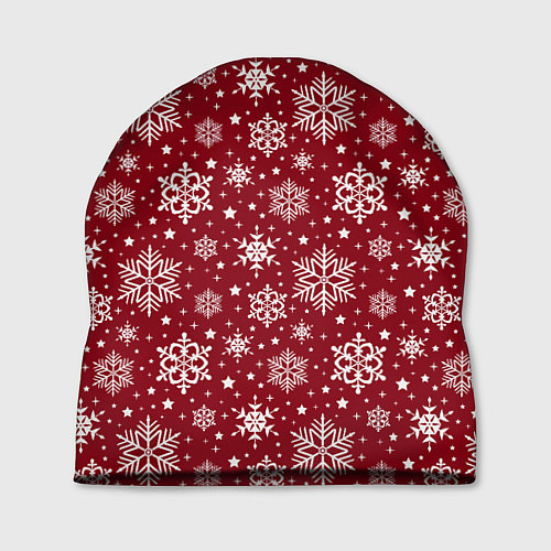 Шапка Новогодний узор - белые снежинки на красном фоне / 3D-принт – фото 1