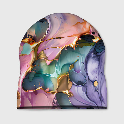Шапка Сиренево-золотые всплески краски / 3D-принт – фото 1