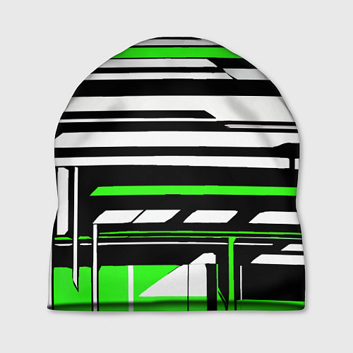 Шапка Зелёно-белые технологические линии на чёрном фоне / 3D-принт – фото 1