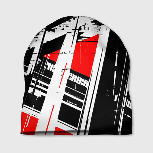 Шапка Чёрно-белые абстрактные линии на красном фоне / 3D-принт – фото 1