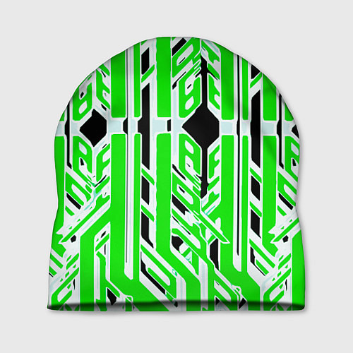Шапка Бело-зелёные техно полосы на чёрном фоне / 3D-принт – фото 1