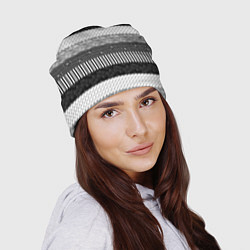 Шапка Черно белый полосатый узор из лоскутов, цвет: 3D-принт — фото 2