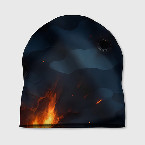Шапка Разорванный синий камуфляж с огнем / 3D-принт – фото 1