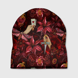 Шапка Бордовая готика с сердцем, лилиями и мотыльками