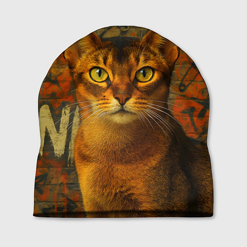 Шапка Абиссинская кошка на фоне кирпичной стены с граффи / 3D-принт – фото 1