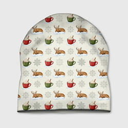 Шапка Зимний паттерн с оленем и чашками какао