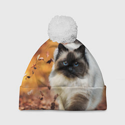 Шапка с помпоном Котик в листьях, цвет: 3D-белый