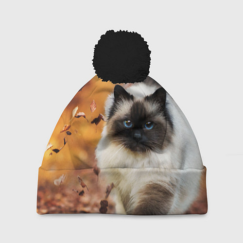 Шапка c помпоном Котик в листьях / 3D-Черный – фото 1
