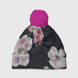 Шапка с помпоном Цветы на черном фоне, цвет: 3D-малиновый
