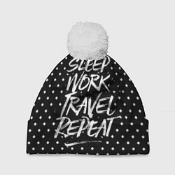 Шапка с помпоном Sleep Work Travel Repeat, цвет: 3D-белый