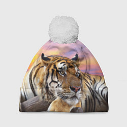 Шапка с помпоном Тигр на закате, цвет: 3D-белый