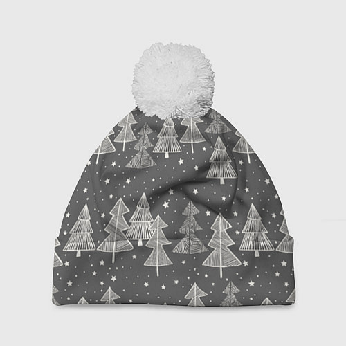 Шапка c помпоном Grey Christmas Trees / 3D-Белый – фото 1
