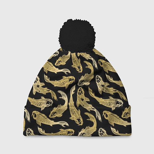 Шапка c помпоном Золотые карпы кои / 3D-Черный – фото 1