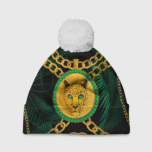 Шапка c помпоном Золотой леопард и цепь / 3D-Белый – фото 1
