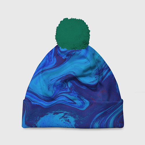 Шапка c помпоном Абстракция синяя с голубым / 3D-Зеленый – фото 1